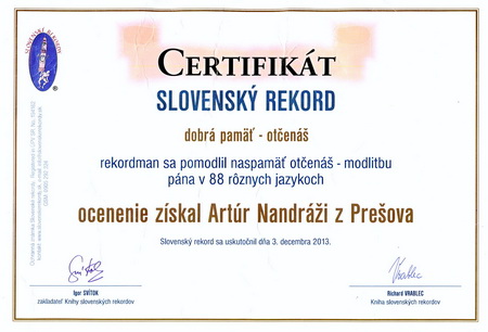 Artúr Nandráži - certifikár, slovenský rekord